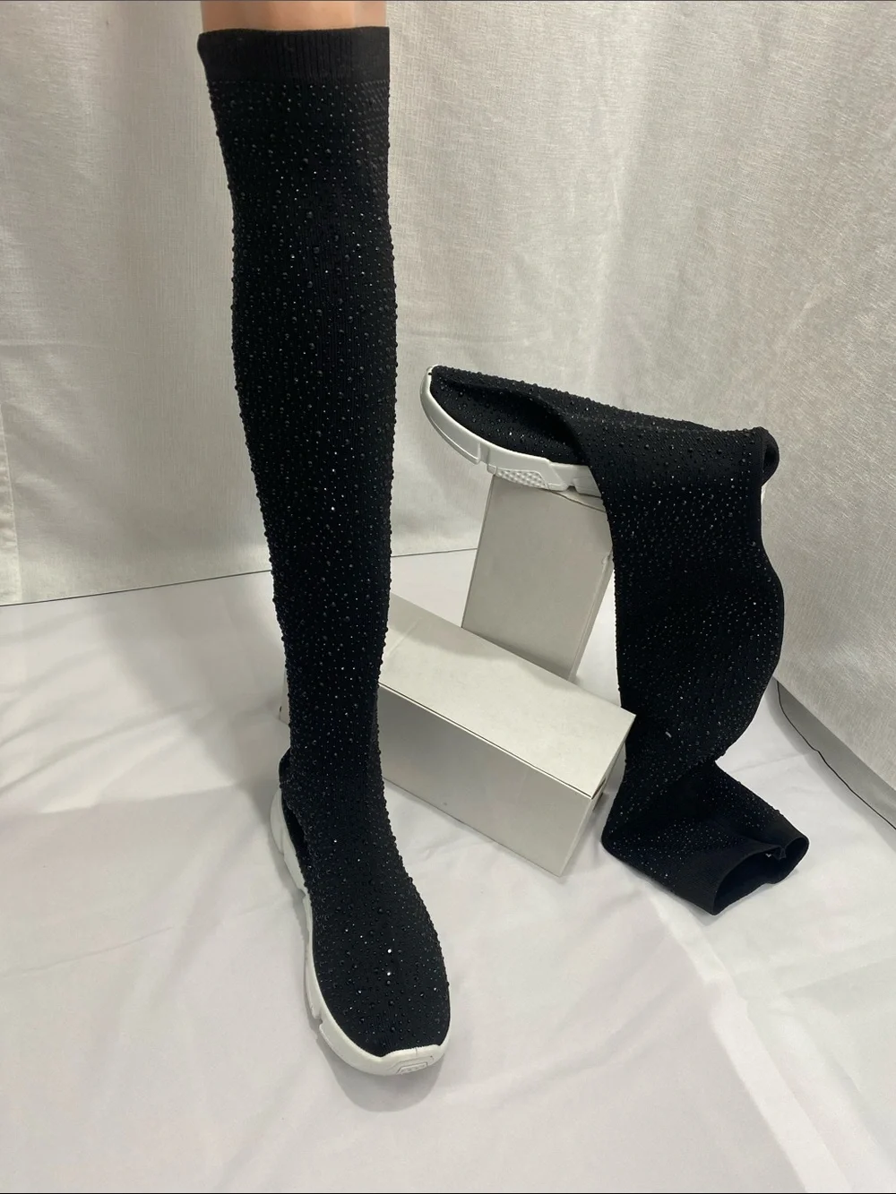 Black Over-the-Knee Embellished Sock Boots with White Sole